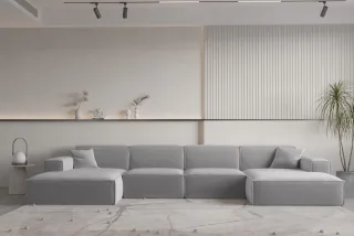 Wohnlandschaft U-Form CELES PREMIUM in Stoff Opera Velvet Hellgrau