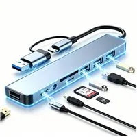 ibettertec USB C Hub, 8 in 1 USB Hub USB-Adapter 3.0 Multiport Adapter mit 1*USB 3.0 mit 5 Gbit/s zu 3*USB 2.0, 1*USB-C, 3.5mm Audio, SD/TF Kartenleser, USB C Splitter Aluminium für MacBook/Surface/XPS/PC/Laptops/Tablet etc
