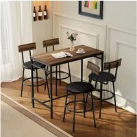 HOMCOM Bargruppe Esstisch mit 4 Stühlen mit Fußstütze, Rückenlehne und Polsterung, (Bartisch-Set, 5-tlg., Bartisch mit Barhocker-Set), aus Stahl Industrial Küchentisch für Esszimmer, Küche, Braun