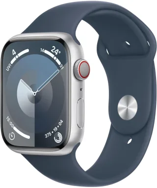 Apple Watch Series 9 [GPS + Cellular inkl. Sportarmband S/M sturmblau] 45mm Aluminiumgehäuse silber