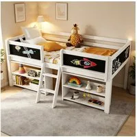 REDOM Kinderbett Stauraumbett, Einzelbett, Funktionsbett (Halbhohes Bett, Kiefernholz mit Aufbewahrungsfächern, Sicherheitsgeländer & Stufenleiter, 90x200 cm), ohne Matratze