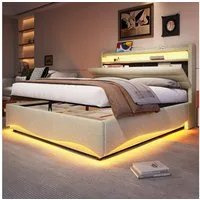 TavilaEcon Boxspringbett Polsterbett mit LED-Beleuchtung und Hydraulikmechanismus (1-St), 140x200cm, mit Ablagefach, USB-/Typ-C-Anschluss, Beige