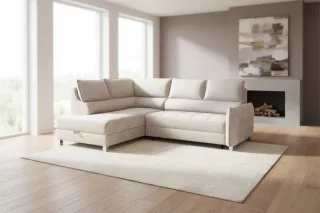 Ecksofa Schlafsofa Sofa MARNO in Stoff Chill Me Creme Ottomane Links
