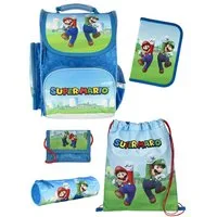 Familando Schulranzen Clou Super Mario Schultasche, blau, ab 1. Klasse (Grund-Set, 5-tlg., mit Federmappe, Schlamper, Turn- & Geldbeutel), kompakt, leicht, robust