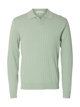 SELECTED MEN - SLHTORINO LS KNIT OPEN STITCH POLO aqua gray - Gr. - XL