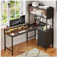 HOMALL Schreibtisch L-förmiger Gamingtisch mit Regal, LED-Leuchten, Steckdose & Schubladen (Maße: 115 cm, mit Vitrine, 4 Stoffschubladen und Haken, links oder rechts montierbar)