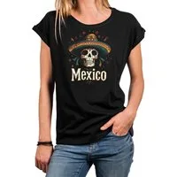 MAKAYA Print-Shirt Damen Mexiko Totenkopf Kurzarmshirt mit Aufdruck Skull Top Sportlich (Schwarz, 34, 36, 38, 40, 42, 44, 46, 48, 50) aus Baumwolle