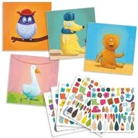 DJECO Kreativset Sticker und Vorlage Tiere 16 Vorlagen und 6 Stickerfolien basteln