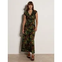 Apricot Maxikleid Smockkleid mit tropischem Blattmuster in weicher Ware