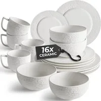 MiaMio Kombiservice Oasis Schieferoptik Weiß (16-tlg), 4 Personen, Steingut, Schieferoptik, 450 ml Becher, 750 ml Schalen