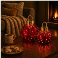 Online-Fuchs LED-Dekofigur 2 Weihnachtskugeln aus Glas mit LED-Lichterkette & Timer - Deko (ruhiges Leuchten oder Flackereffekt wählbar, Rot, Grün, Silber oder Champagner), Weihnachtsdeko für den Innenbereich