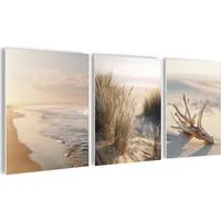artissimo Mehrteilige Bilder Wandbilder-Set 3er-Set / maritime Wanddeko / Wohnzimmer, Strand und Meer: Dünengras und Strandlandschaft in beige