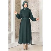 Modavitrini Abendkleid Damen Kleid elegant mit Passe und Faltendetail - Modest Fashion Falten-Optik