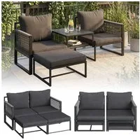 STEELSØN Sitzgruppe Tyranis 4-teiliges Gartenmöbel Set mit Tisch & Hocker, (schwarz, 4-tlg), gepolsterte Sitzgarnitur für 2-4 Personen, wetterfest, bis 160 kg