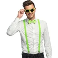 Boland Verkleidungsmaske Partyset Hosenträger, Brille und Fliege, Neon Grü