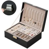 FOUORTUNATE-BEE Schmuckkasten 2-schichtiger Schmuckkasten mit Schloss, 2-lagige Leder-Schmuckbox mit Schloss, abnehmbare Fächer