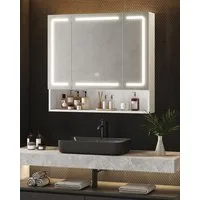 MSMASK Badezimmerspiegelschrank Moderner 3-türiger LED-Spiegelschrank mit verstellbaren Einlegeböden & 3 Lichtfarben – Wandmontage, Weiß (80x75,5x17 cm)