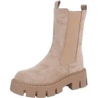 Ital-Design Stylische schwarze Stiefel mit robuster Sohle für Damen Plateaustiefelette (90152868) Blockabsatz Stiefeletten in Hellbraun