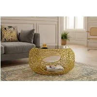 riess-ambiente Couchtisch SPIN Ø75cm gold / schwarz - Schwarzglas, Metall, Stauraum, handmade (Einzelartikel, 1-St), runder Beistelltisch m. individuellem Blattmuster- ideal f. Wohnzimmer