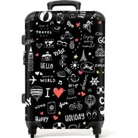 NoBoringSuitcases.com© Hartschalen-Trolley Muster - Gekritzel - Reisen - Urlaub - Schwarz 67 cm - 72 L, 4 Rollen, Koffer Mittelgroß für 20kg, Suitcase für Erwachsene, Reisekoffer