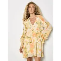 Apricot Druckkleid Mini-Kleid aus Chiffon mit Blumenmuster mit Rüschen