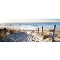 artissimo Glasbild Bild aus Glas 80x30 cm / Wandbild Querformat / Wanddeko modern, Strand und Meer: Dünenweg zum Meer in Sand-Blau