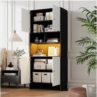 Flieks Hochschrank Mehrzweckschrank mit LED-Beleuchtung, 4 Türen & 3 offenen Fächern (1-St., 80x40x185 cm) Aufwahrungsschrank Standvitrine mit verstellbarer Ablagen