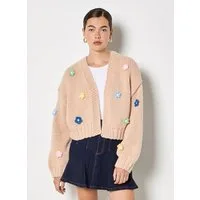 Apricot Cardigan Grobstrick-Strickjacke mit Gänseblümchen-Applikation