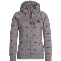 naketano Sweatjacke Damen mit Kapuze, Kängurutasche, tailliert, melierte Sweatware, Raglan Kordelzug, Rippbündchen, Kunstleder-Logo, casual, Streetwear, Langarm