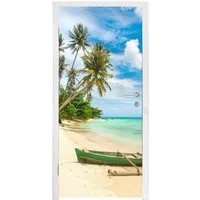 MuchoWow Türtapete Strand - Kanu - Palme - Tropisch, Matt, bedruckt, (1 St), Selbstklebende Tapete, Folie für Möbel, 75x205 cm