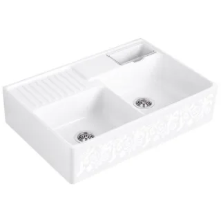 Villeroy und Boch Spülstein Doppelbecken 632391KT Ablaufgarnitur, Handbetätigung, Resteschale, White Pearl