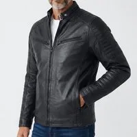 MDM Bikerjacke Herren Kunstlederjacke im Bikerstil Schwarz mit Steppungen Gesteppte Kunstlederjacke im Bikerstil mit Slim Fit Passform