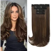 LuxusKollektion Kunsthaar-Extension Haarverlängerungen Clip In 4PC Layer 40 cm Dunkelbraun mit Strähnchen