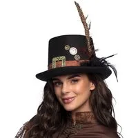 Boland Kostüm Steampunk Hut Plumepunk schwarz mit Feder Zylinder Karneval Cosplay, Detailreiche Verzierung mit Zahnrädern, Federschmuck, Schnallen