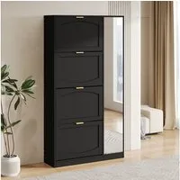 Merax Schuhschrank mit Spiegel und 4 Klappen, Schuhregal (1-St., mit verstellbarem Regal, Schuhbank) Schuhkipper für Flur, 147x80x24 cm