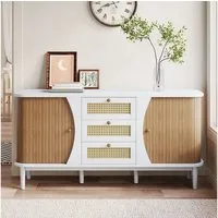 KLAM HOME Sideboard Rattankommode, Kommode mit Schiebetüren, mit verstellbaren Einlegeböden und abgerundeter Platte