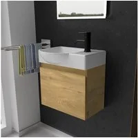 Alpenberger Badmöbel-Set - Gäste WC Waschbecken mit Unterschrank 45 cm Breit, (Badschrank 2-tlg., Waschtisch hängend), Waschbeckenunterschrank mit Softclose - Eiche Natur - Links Becken