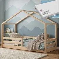 Bellabino Hausbett Abia mit Lattenrost und Rausfallschutz (natur, mit Matratze), Bodenbett 90x200 cm, verfügbar in verschiedenen Ausführungen