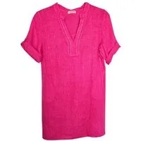 Sommerkleid Leinen Kleid kurzarm Pink 44 XL Sommerkleid