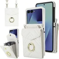Wigento Handyhülle Für Samsung Galaxy Z Flip7 V- Design RFID Kartenfach Ring Hülle Weiß, Kunstleder Hülle mit RFID-Schutz, Kartenfächern und Ringhalter
