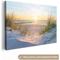 OneMillionCanvasses® Leinwandbild Strand - Sonne - Düne - Gras - Sand - Horizont, Fotodruck (1 St), Leinwand Bilder Klein, Wand Dekoration Aesthetic 30x20 cm