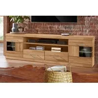 OTTO home Lowboard Ribe,180cm breit, Fronten Massivholz,6 Fächer,Kabeldurchführung, Korpus Holzwerkstoff,Glaseinsatz aus gehärtetem Glas,Böden versetzbar