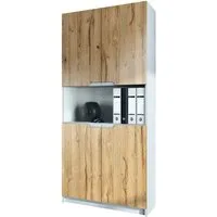 Vladon Aktenschrank Logan V2 (Aktenschrank, mit 5 Fächern und 4 Türen) Weiß matt/Eiche Natur (82 x 185 x 37 cm)