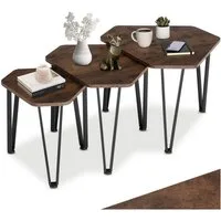 tectake Beistelltisch Ablagetisch, stapelbar, mit höhenverstellbaren Kunststofffüßen (Sofatisch Torquay, 1-St., in Industrial Holz dunkel, rustikal), 3-teilig, Industrial Style, Holz und Stahl, sechseckige Tischplatten