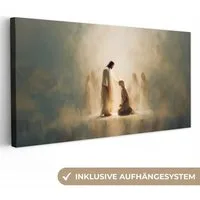 OneMillionCanvasses® Leinwandbild Panorama Kniend - Beige - Abstrakt - Jesus, Fotodruck (1 St), Wandbild, Deko Schlafzimmer Wohnzimmer Flur 40x20 cm