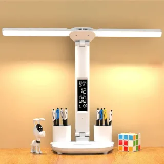 Table Lamp LED Double-headed Multifunction Foldable Touch With Calendar Clock USB Desk Lamp For Bedroom Bedside Reading