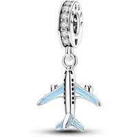 PANDACHARMS Bead Hellblaues Flugzeug Charm Anhänger, 925er Sterling Silber, Zirkonia