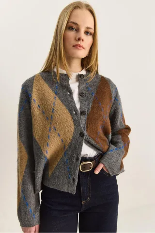 Rautenmuster Rundhals-Cardigan
