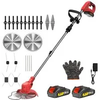 CONENTOOL Akku-Rasentrimmer 21V mit 4000mAh Akku, Verstellbarer Teleskopstiel, 15 cm Arbeitsbreite Messer, (Set, 4 Schneidwerkzeuge), Freischneider & Kantenschneider, inkl. 2 x 2.0Ah Akkus