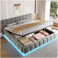 Merax Polsterbett mit LED-Licht & hydraulischem Stauraum (1-tlg), Doppelbett 180×200cm mit voluminösem Kopfteil, Mehrzweckbett, Samt